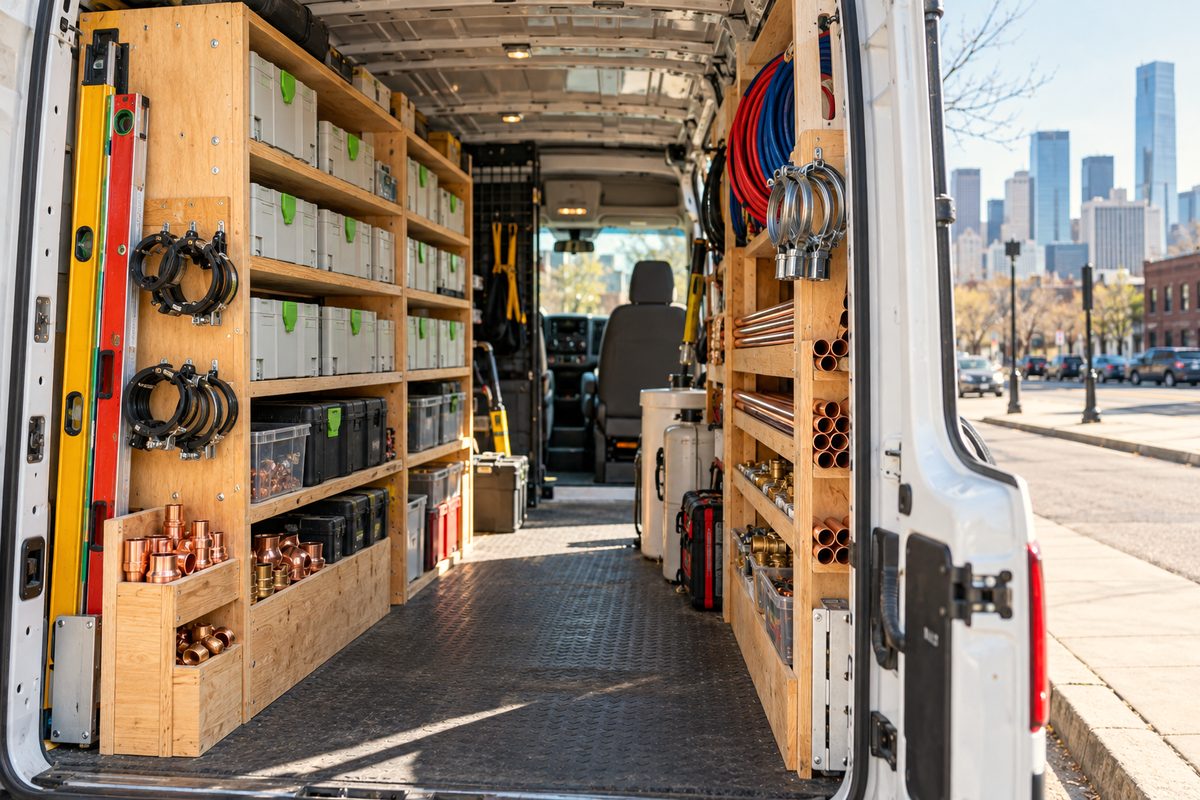 Interior racking and professional tool inventory inside Drabento service van.